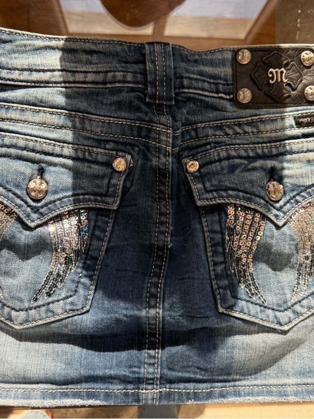 Miss Me Sequin Wing Denim Mini Skirt Size 30 Western Y2K EUC $98 MSRP - Picture 3 of 10